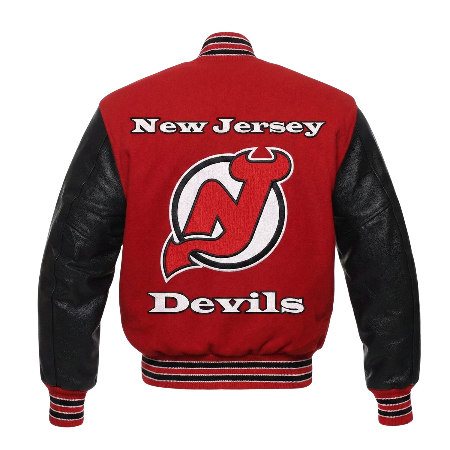 NHL Men's New Jersey Devils Red and Black Varsity Jacket (Back)