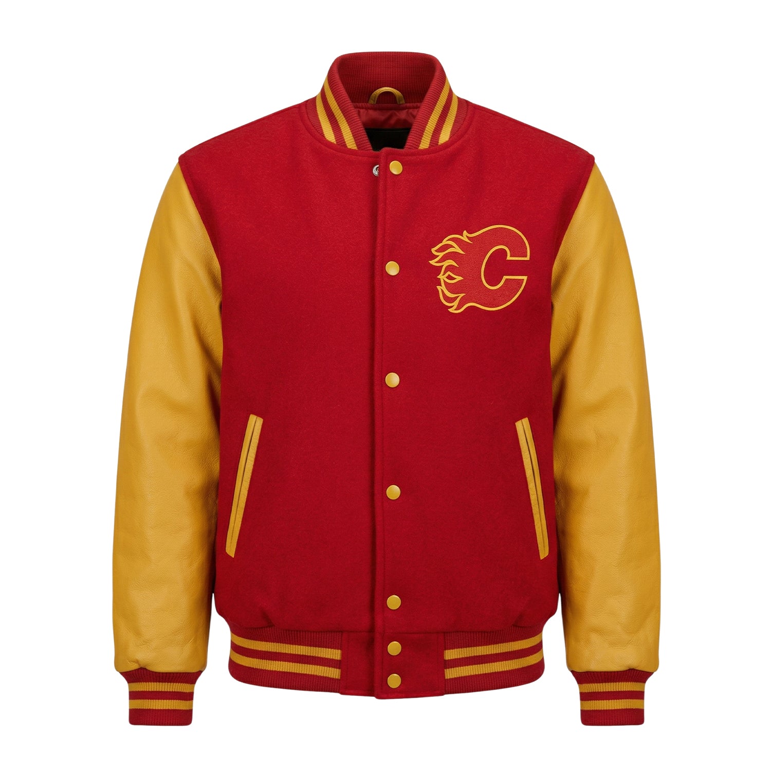 NHL Women's Calgary Flames Red and Yellow Varsity Jacket