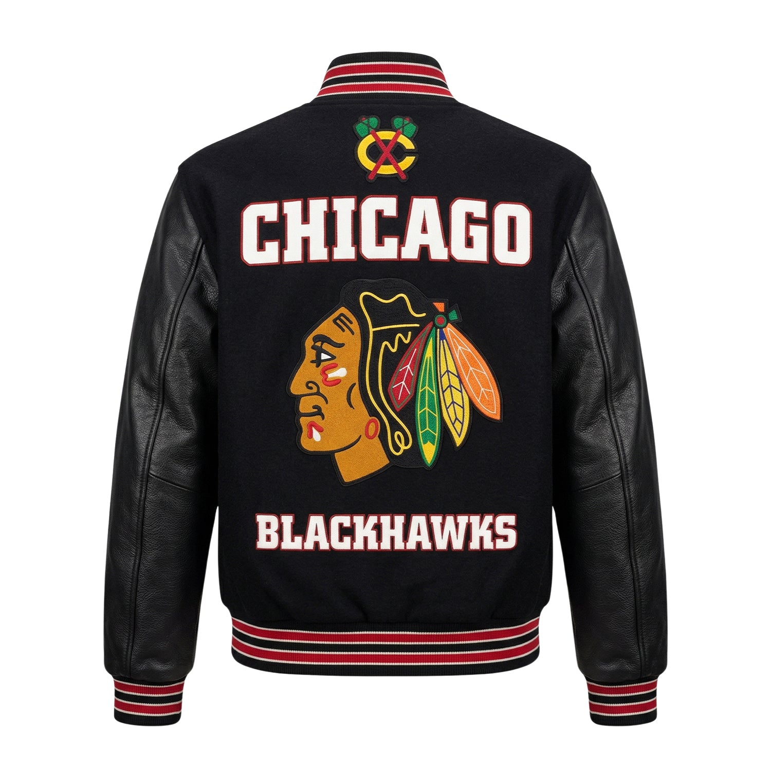 NHL Women's Chicago Blackhawks Black Varsity Jacket (Back)