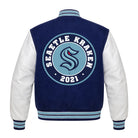 NHL Women's Seattle Kraken Blue and White Varsity Jacket (Back)