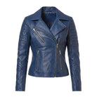 Women' Biker Zip-Up Closure Blue Leather Jacket