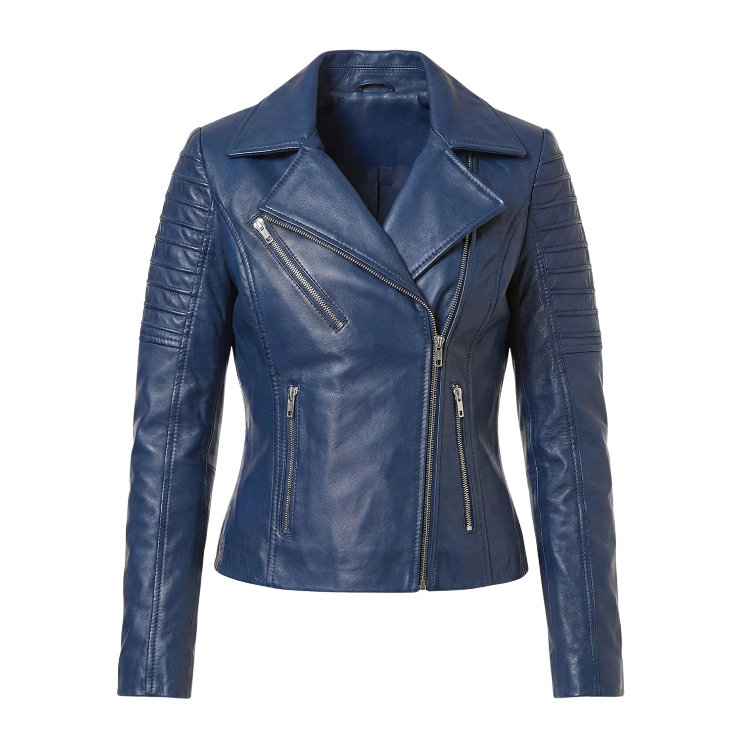 Women' Biker Zip-Up Closure Blue Leather Jacket