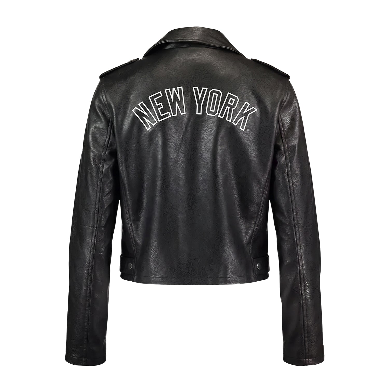 Women' Biker NY Yankees Logo Black Leather Jacket (Back)