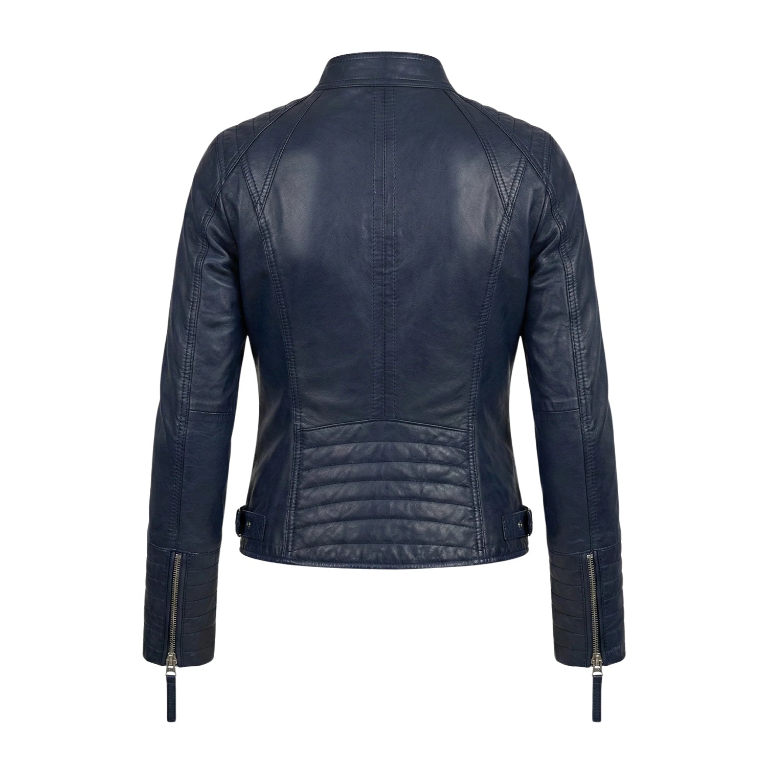 Women' Biker Soft Fit Blue Leather Jacket (Back)