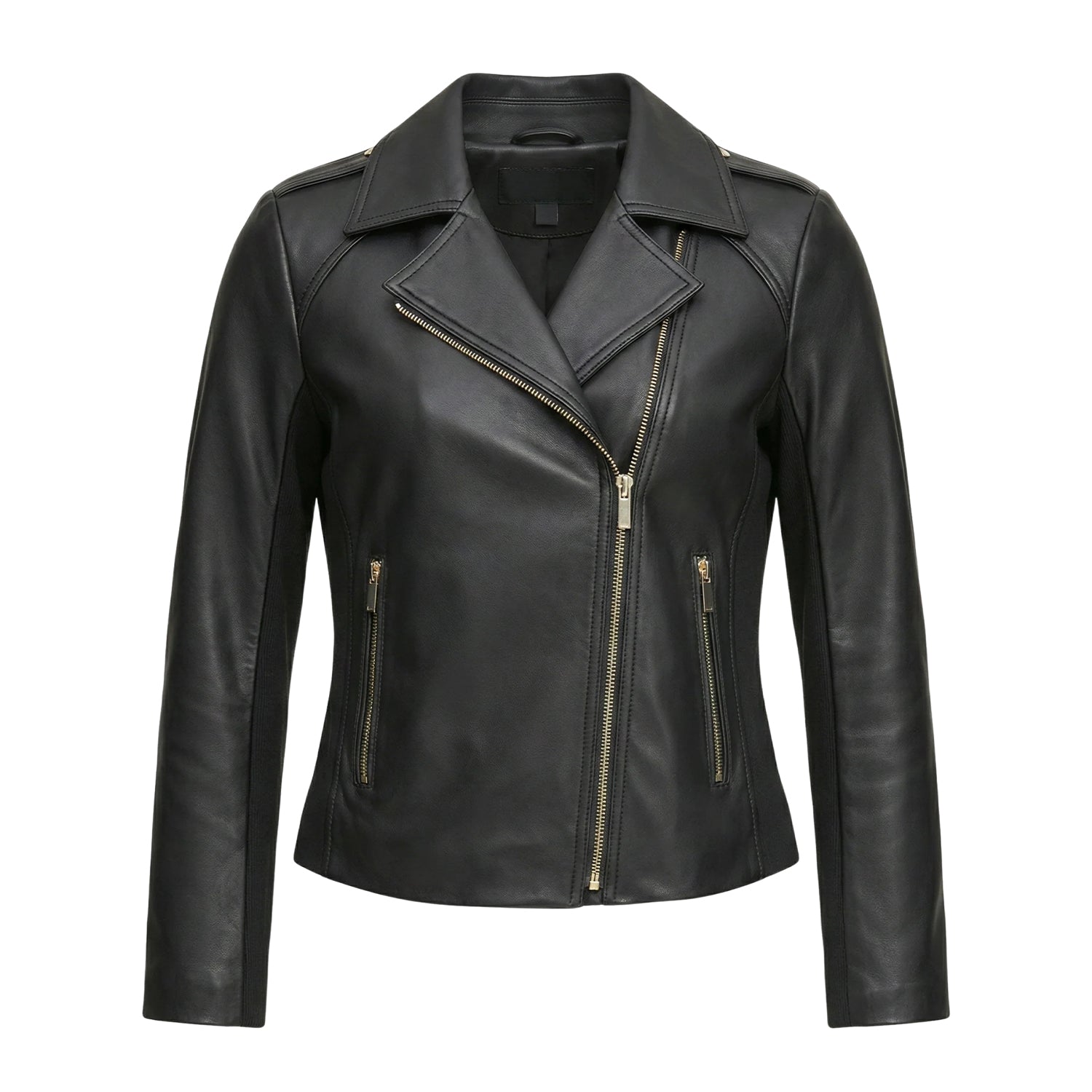 Women' Biker Zip-Up Closure Black Leather Jacket