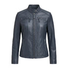 Women' Biker Zip-Up Closure Blue Leather Jacket