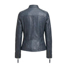 Women' Biker Zip-Up Closure Blue Leather Jacket (Back)