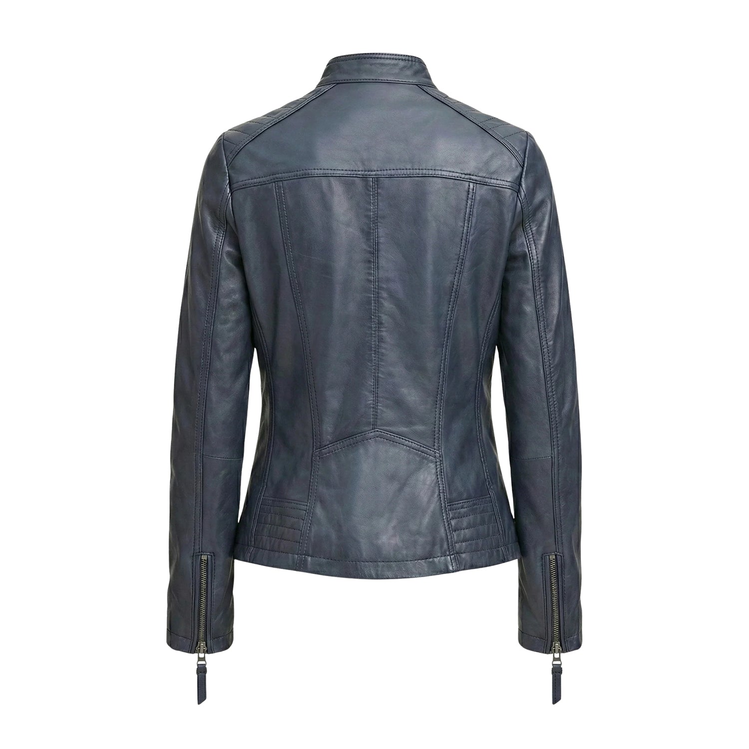Women' Biker Zip-Up Closure Blue Leather Jacket (Back)