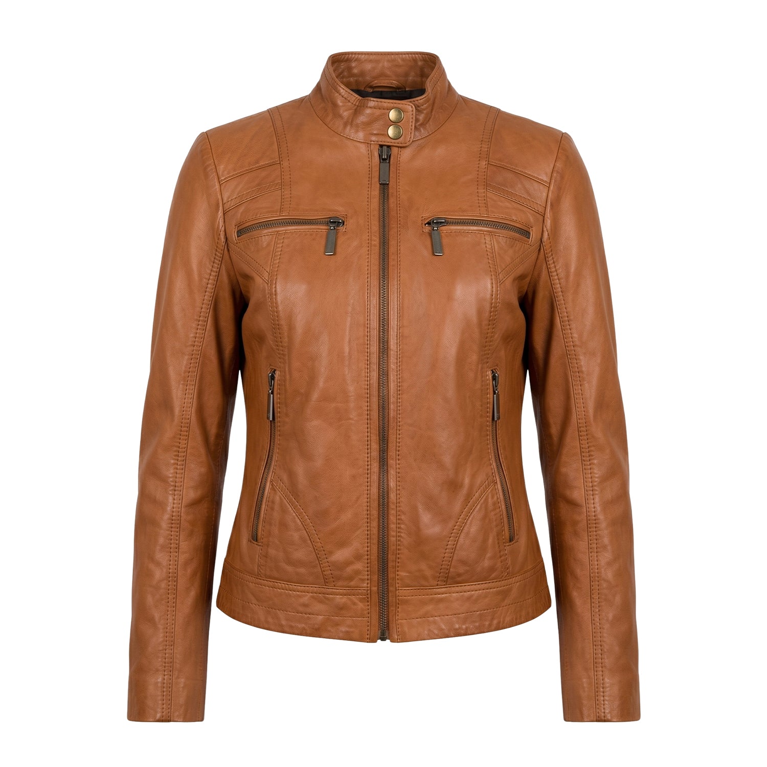 Women' Biker Zip-Up Closure Brown Leather Jacket