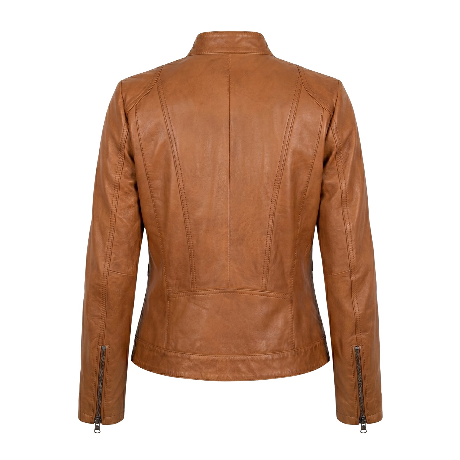 Women' Biker Zip-Up Closure Brown Leather Jacket (Back)