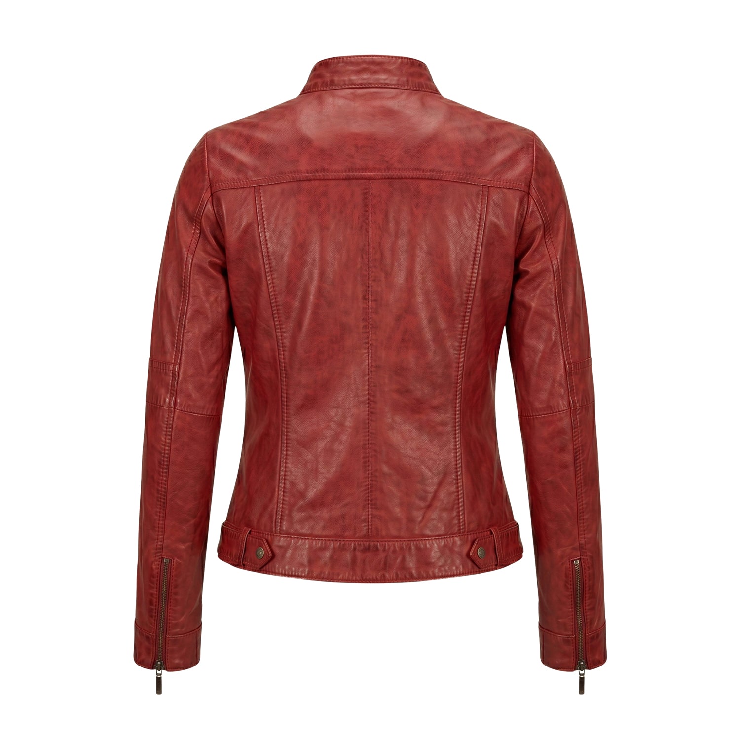 Women' Biker Zip-Up Closure Red Leather Jacket (Back)