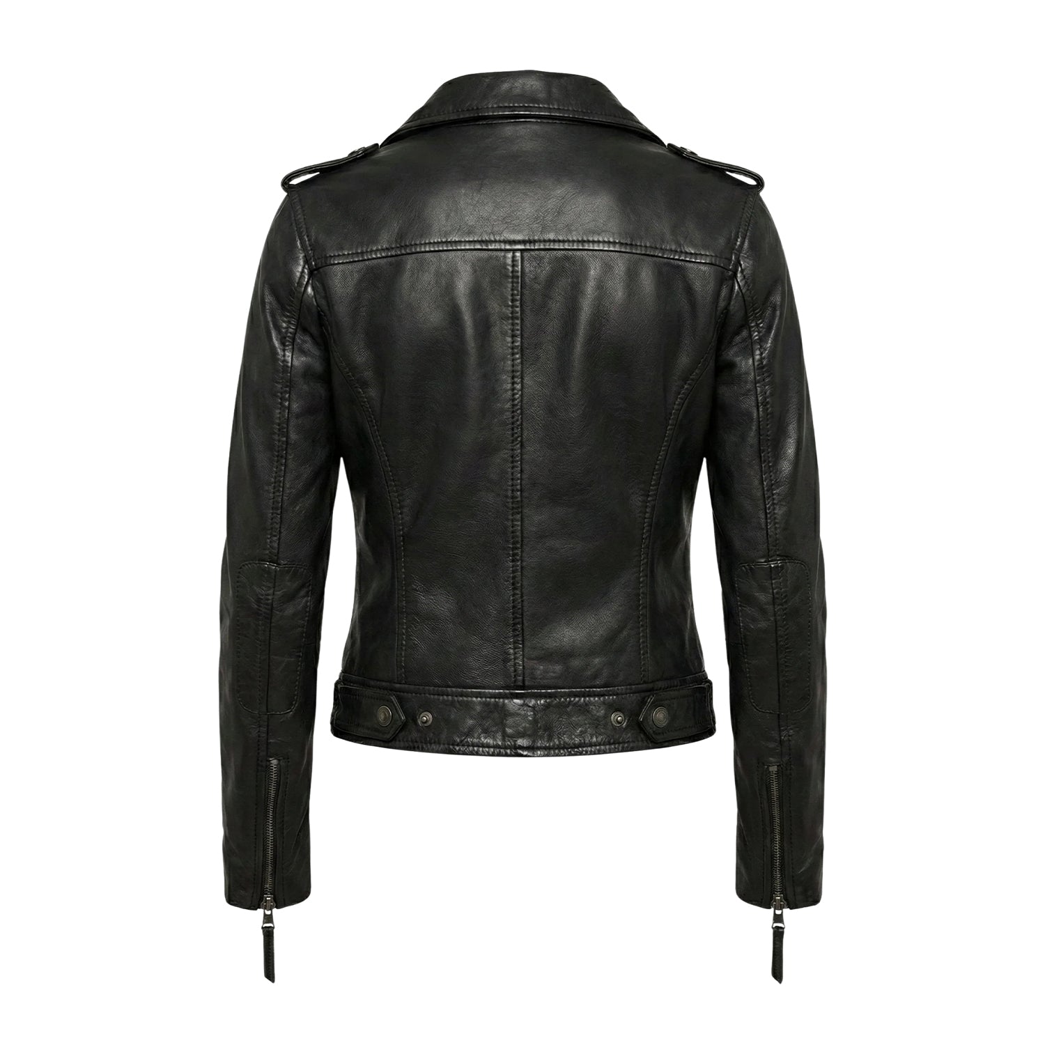 Women's Durable Stitching Biker Black Leather Jacket (Back)