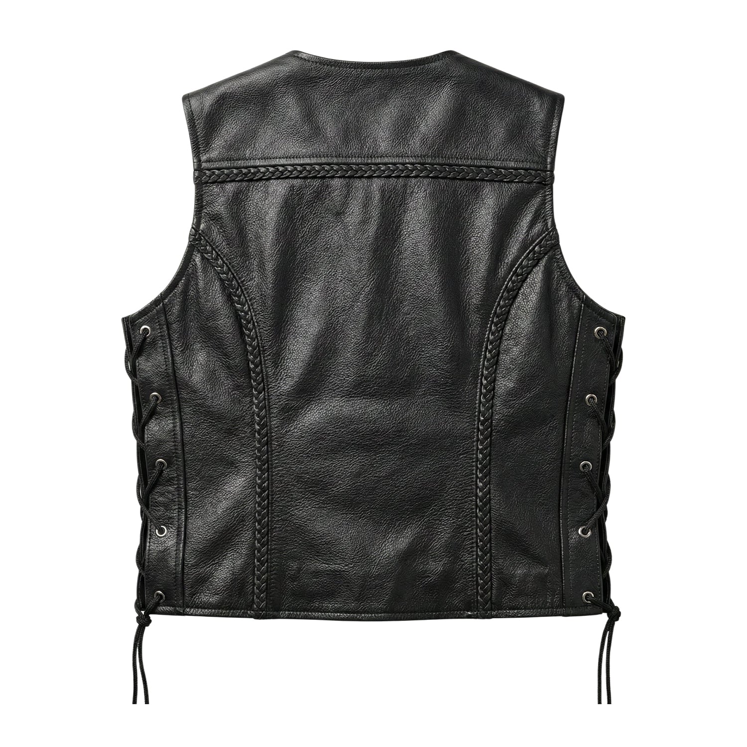 Women's Biker Black Sheepskin Leather Vest (Back)