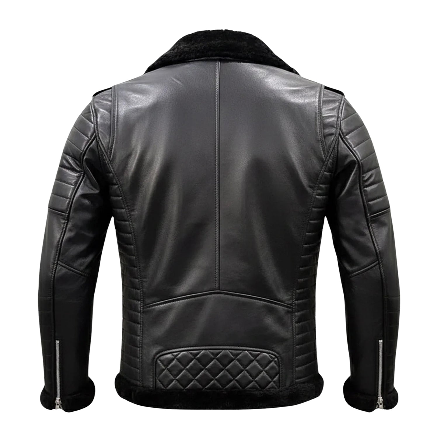 Women's Biker Shearling Lined Black Shearling Jacket (Back)