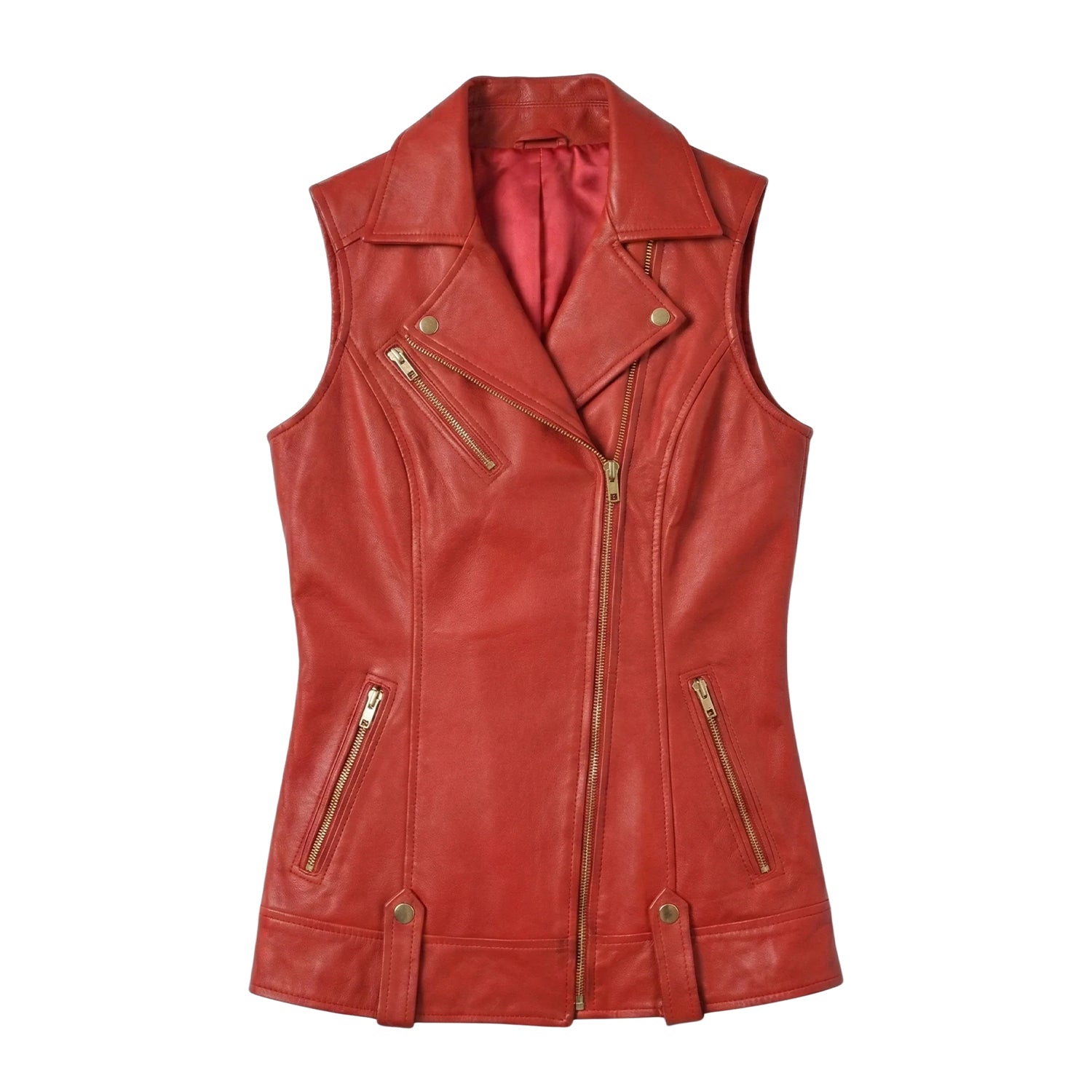 Women's Biker Sheepskin Leather Red Vest (Back)