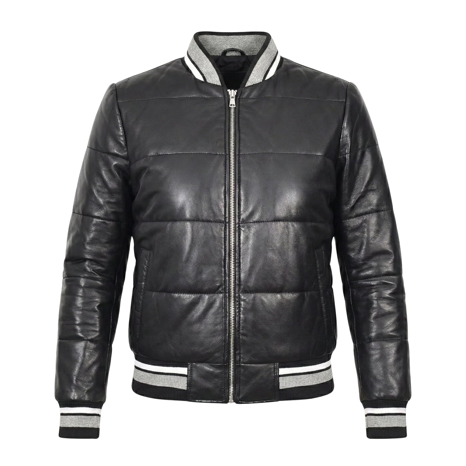 Women's Bomber Black Leather Puffer Jacket