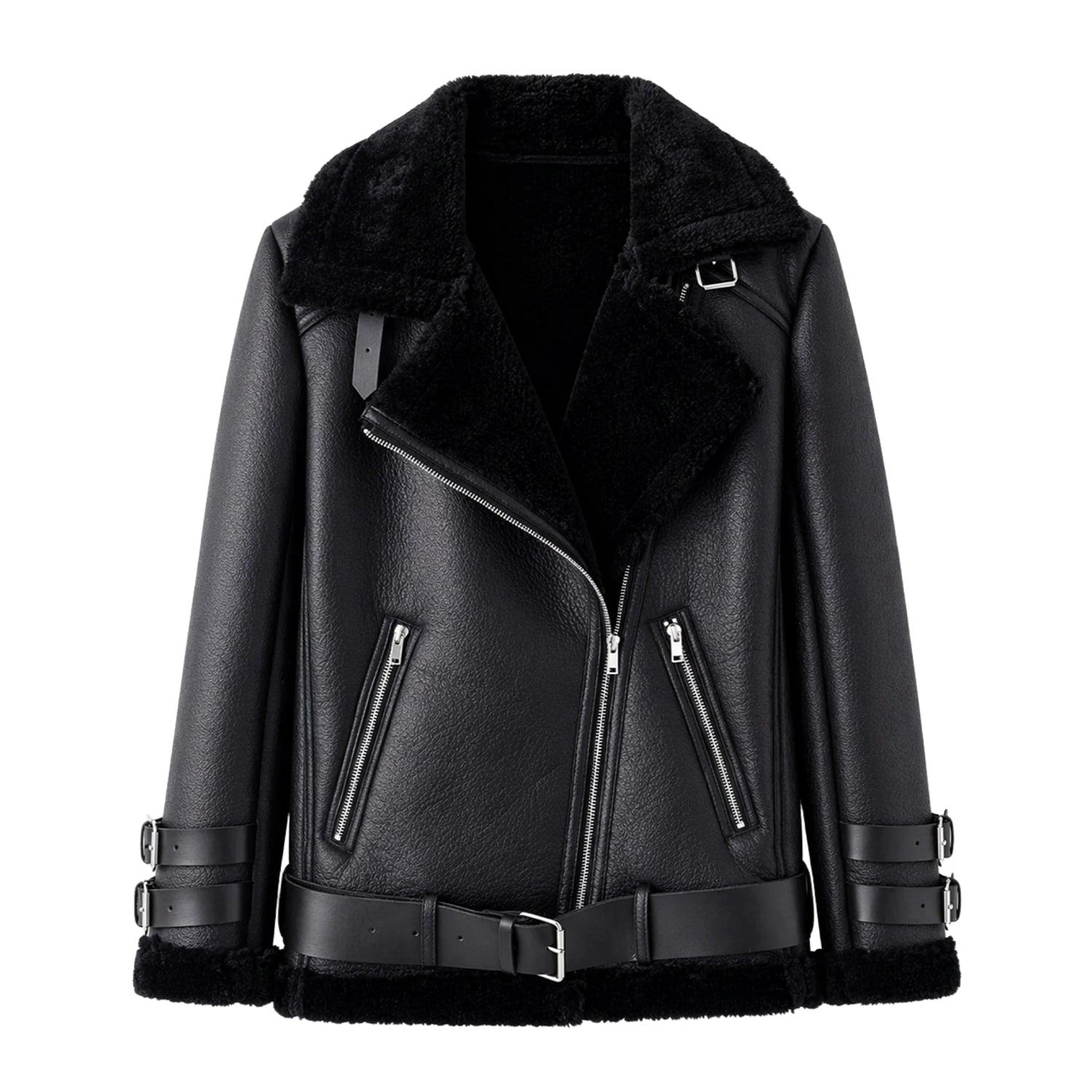 Women's Bomber Shearling Lined Black Shearling Jacket