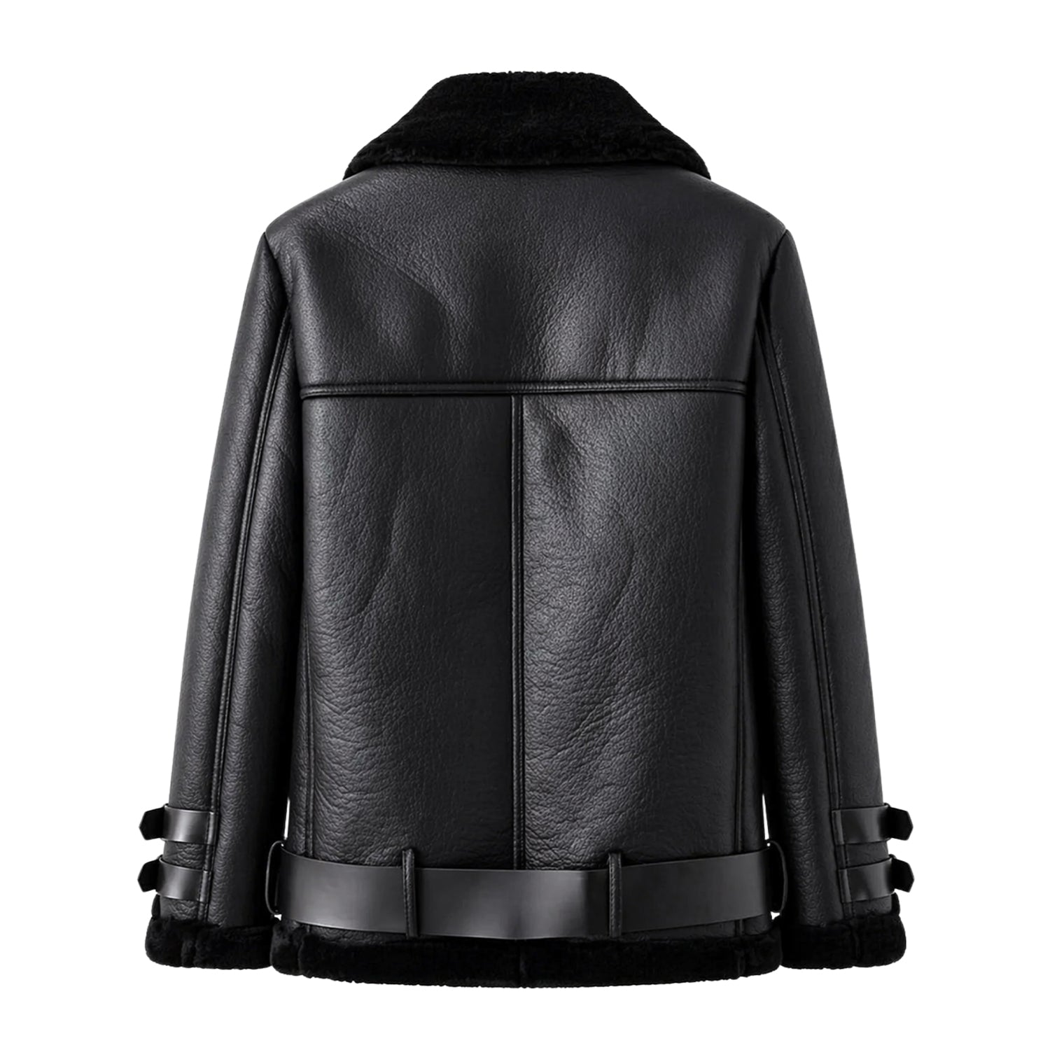 Women's Bomber Shearling Lined Black Shearling Jacket (Back)