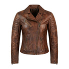 Women's Cafe Racer Slim Fit Distressed Brown Leather Jacket