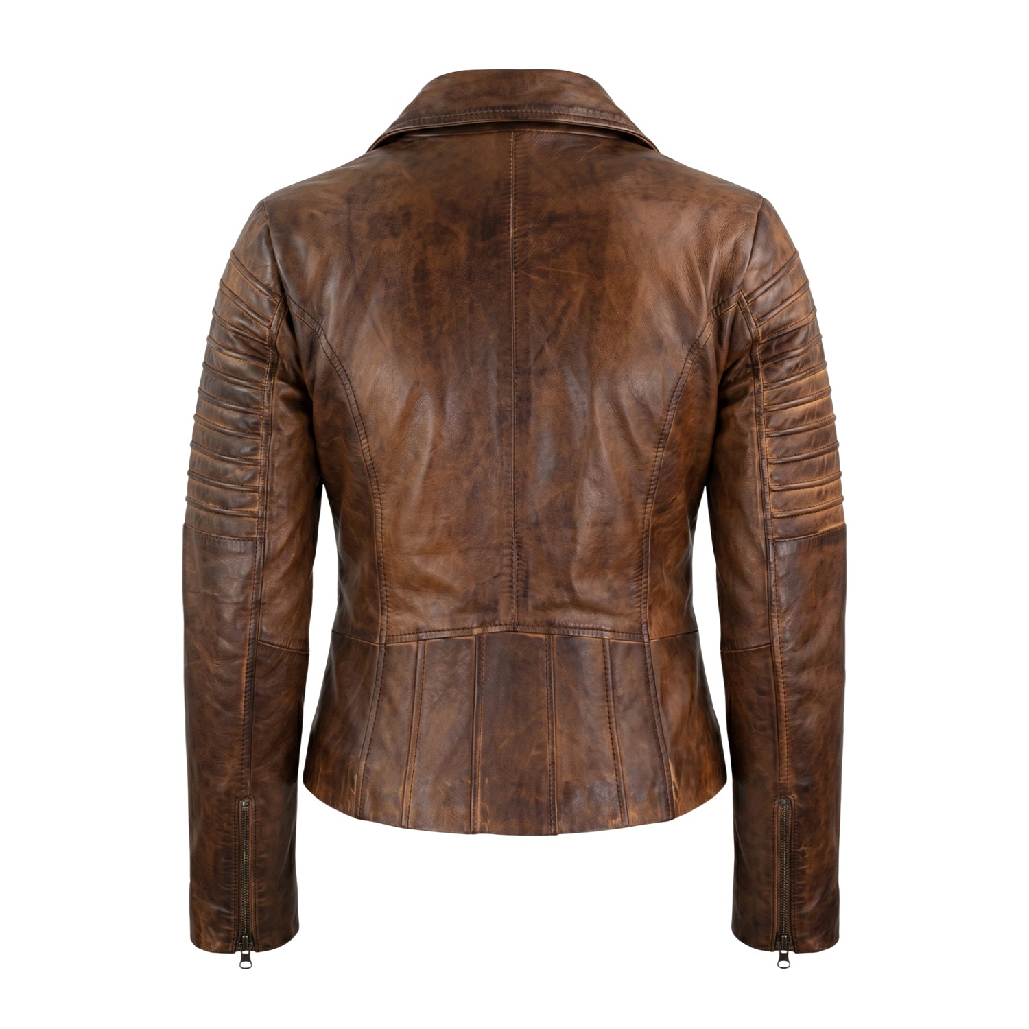 Women's Cafe Racer Slim Fit Distressed Brown Leather Jacket (Back)