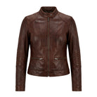 Women's Cafe Racer Zip-Up Closure Distressed Brown Leather Jacket