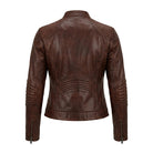 Women's Cafe Racer Zip-Up Closure Distressed Brown Leather Jacket (Back)