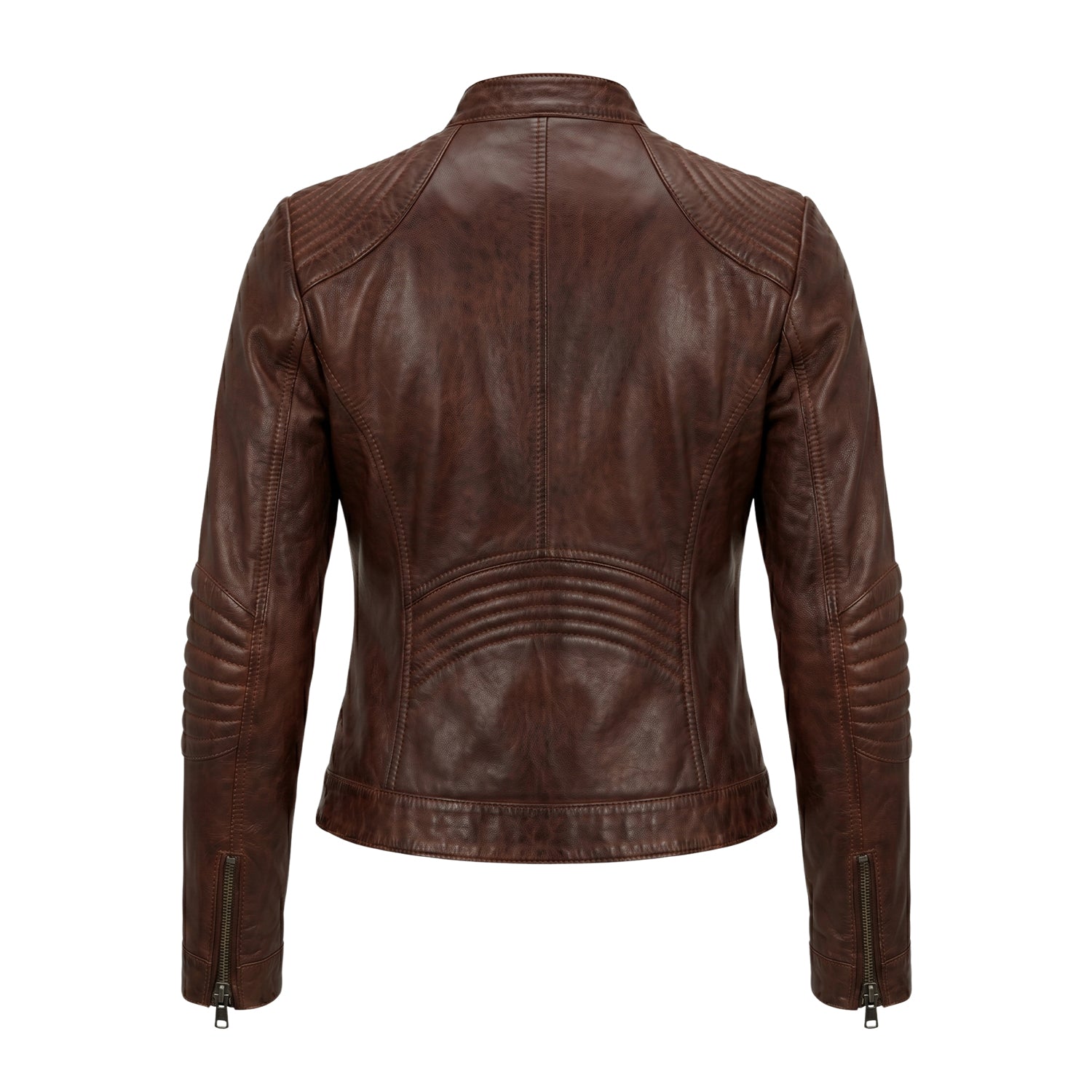Women's Cafe Racer Zip-Up Closure Distressed Brown Leather Jacket (Back)