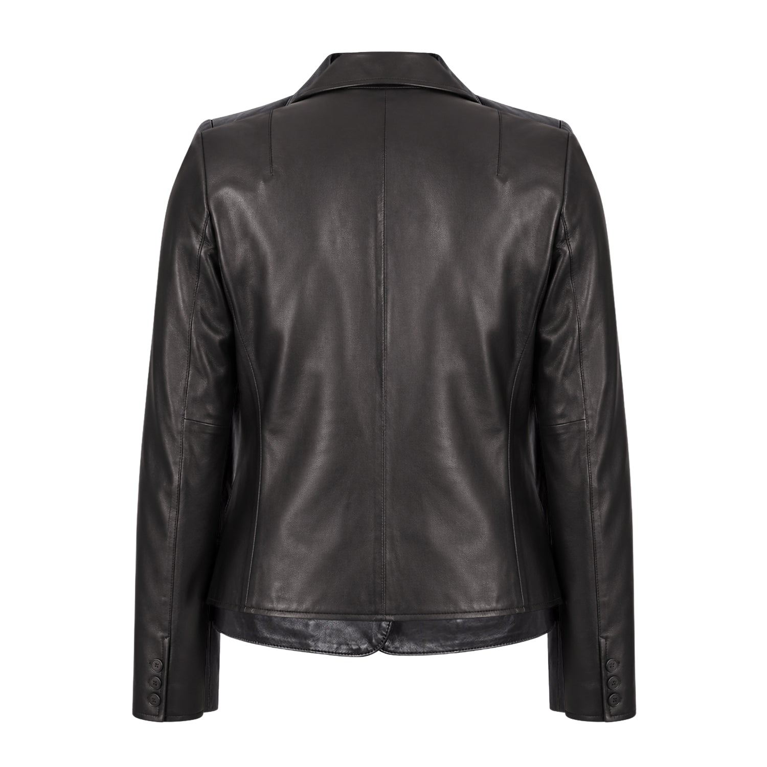 Women's Casual Asymmetrical Zipper Black Leather Blazer (Back)