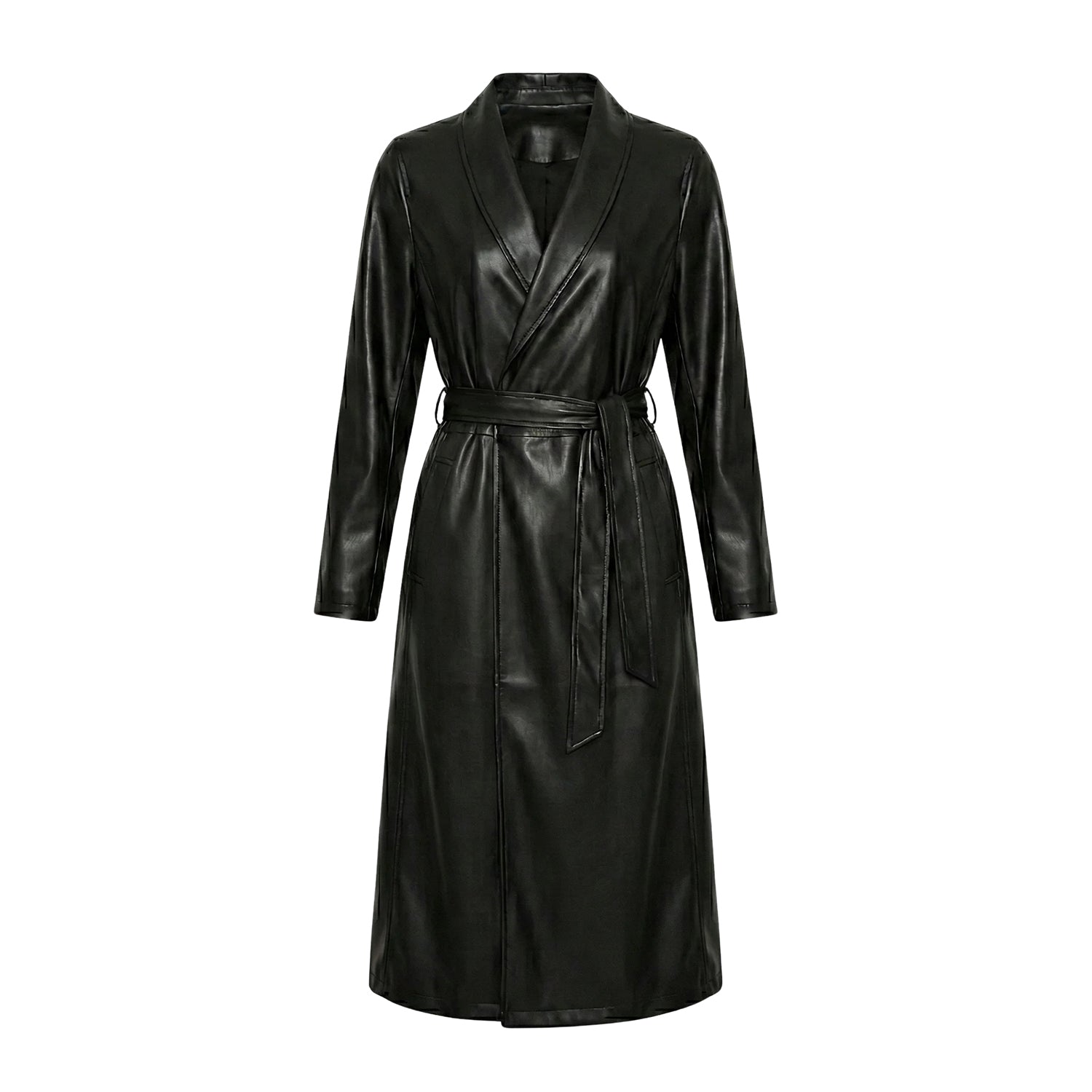 Women's Double Breasted Belted Waist Black Leather Trench Coat