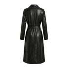 Women's Double Breasted Belted Waist Black Leather Trench Coat (Back)