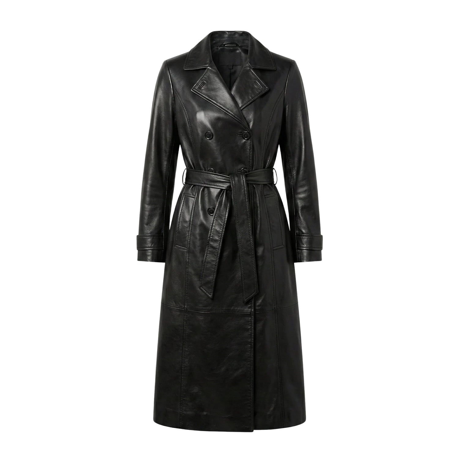 Women's Double Breasted Belted Waist Black Trench Coat