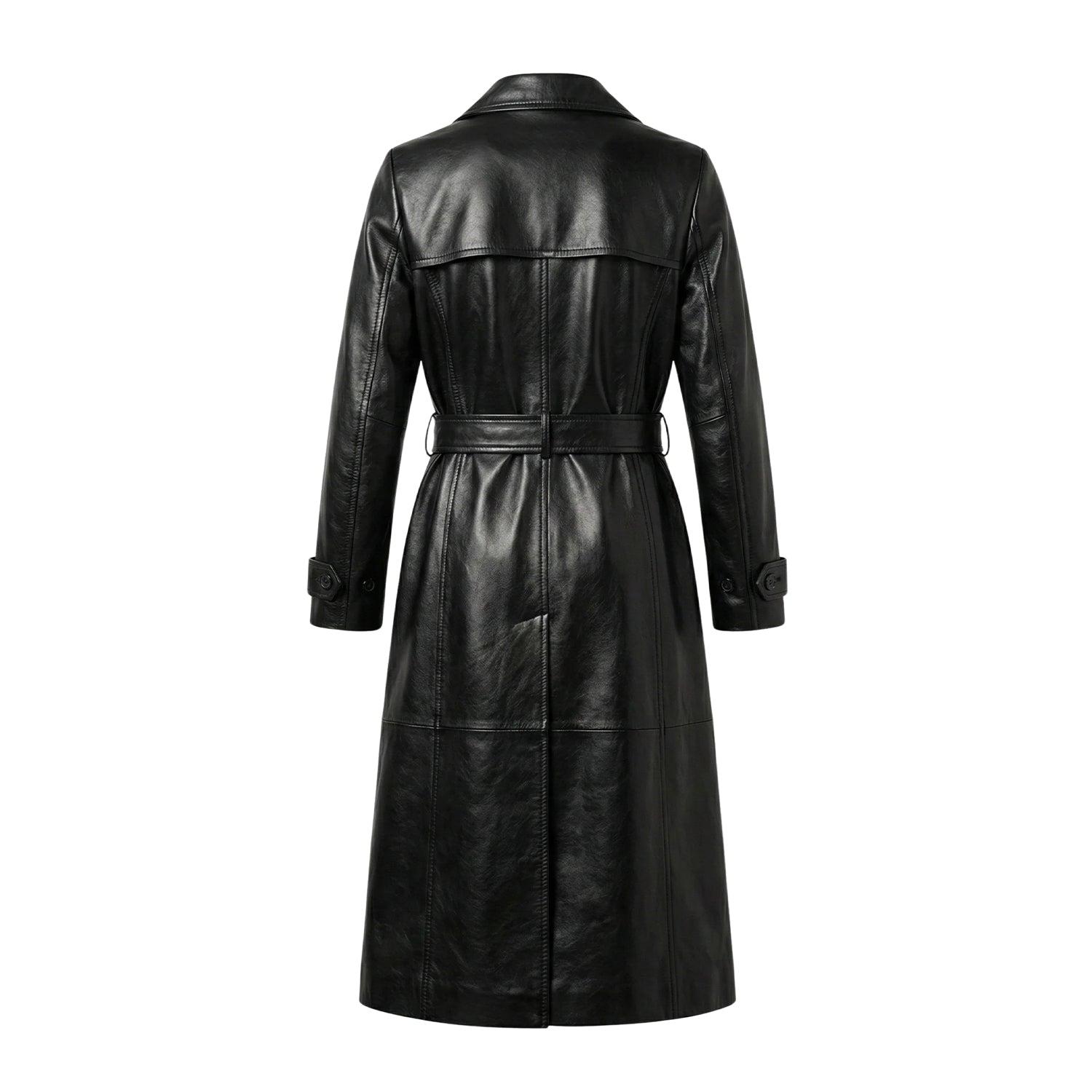 Women's Double Breasted Belted Waist Black Trench Coat (Back)