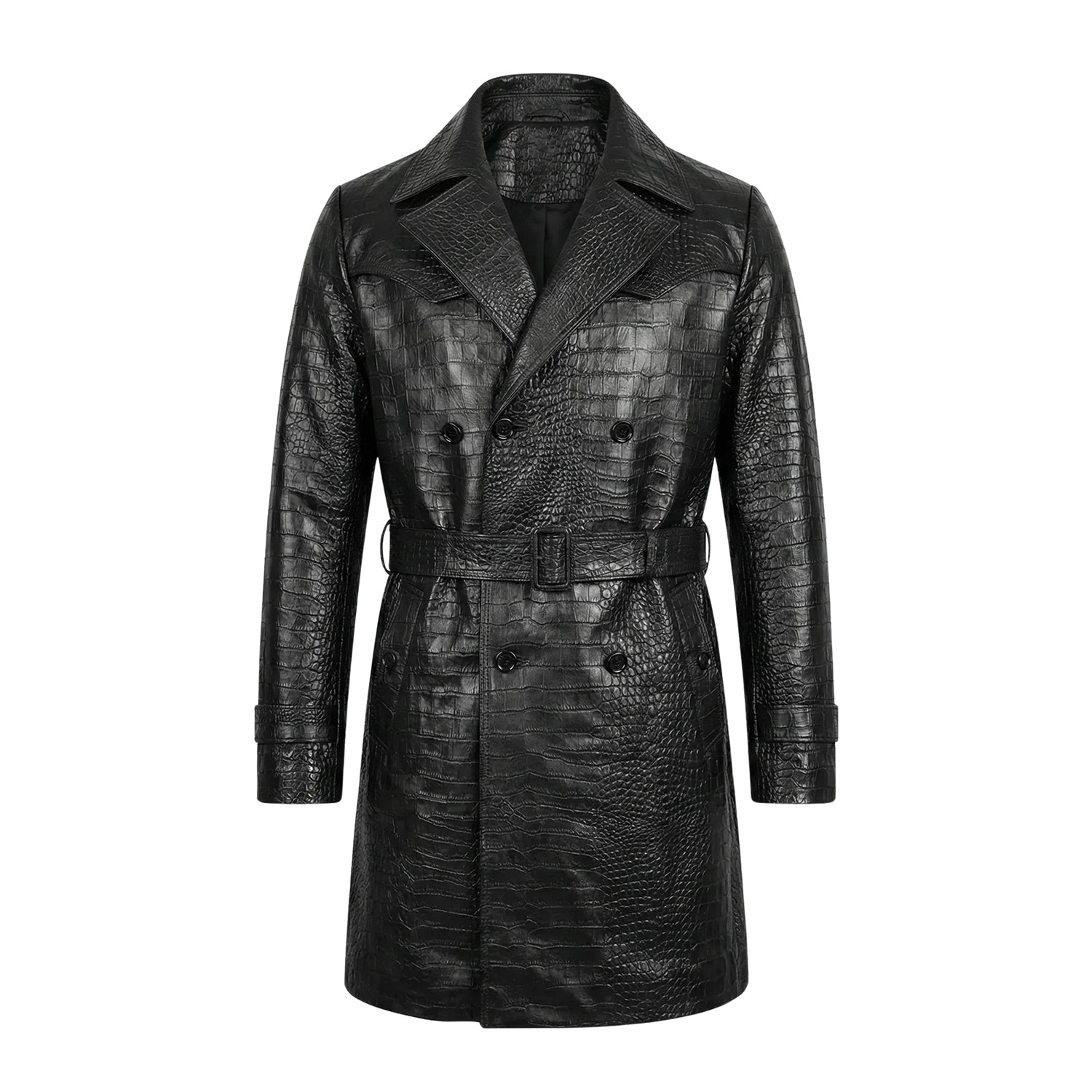 Women's Double Breasted Croc-Embossed Design Black Trench Coat