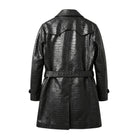 Women's Double Breasted Croc-Embossed Design Black Trench Coat (Back)