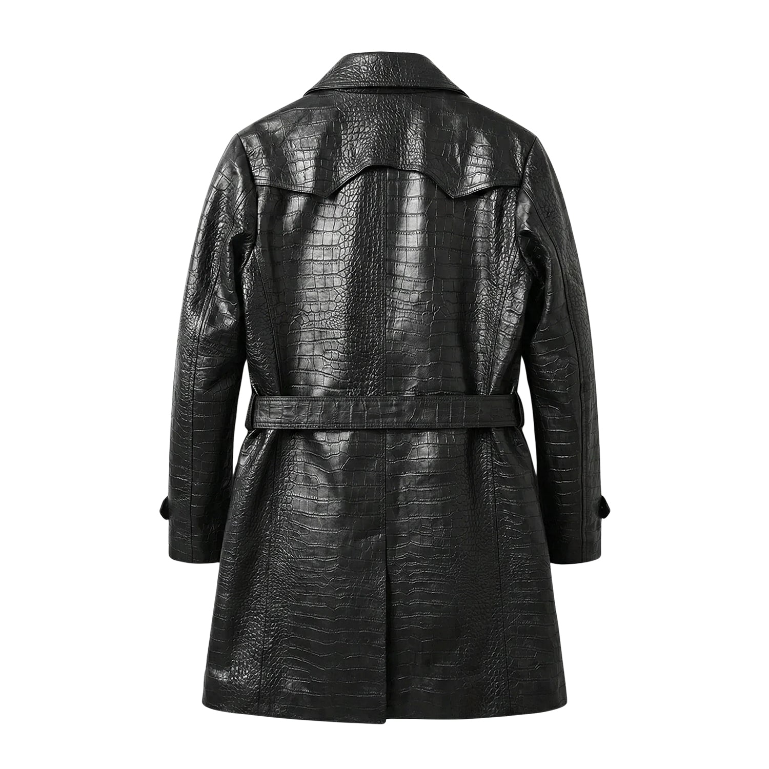 Women's Double Breasted Croc-Embossed Design Black Trench Coat (Back)