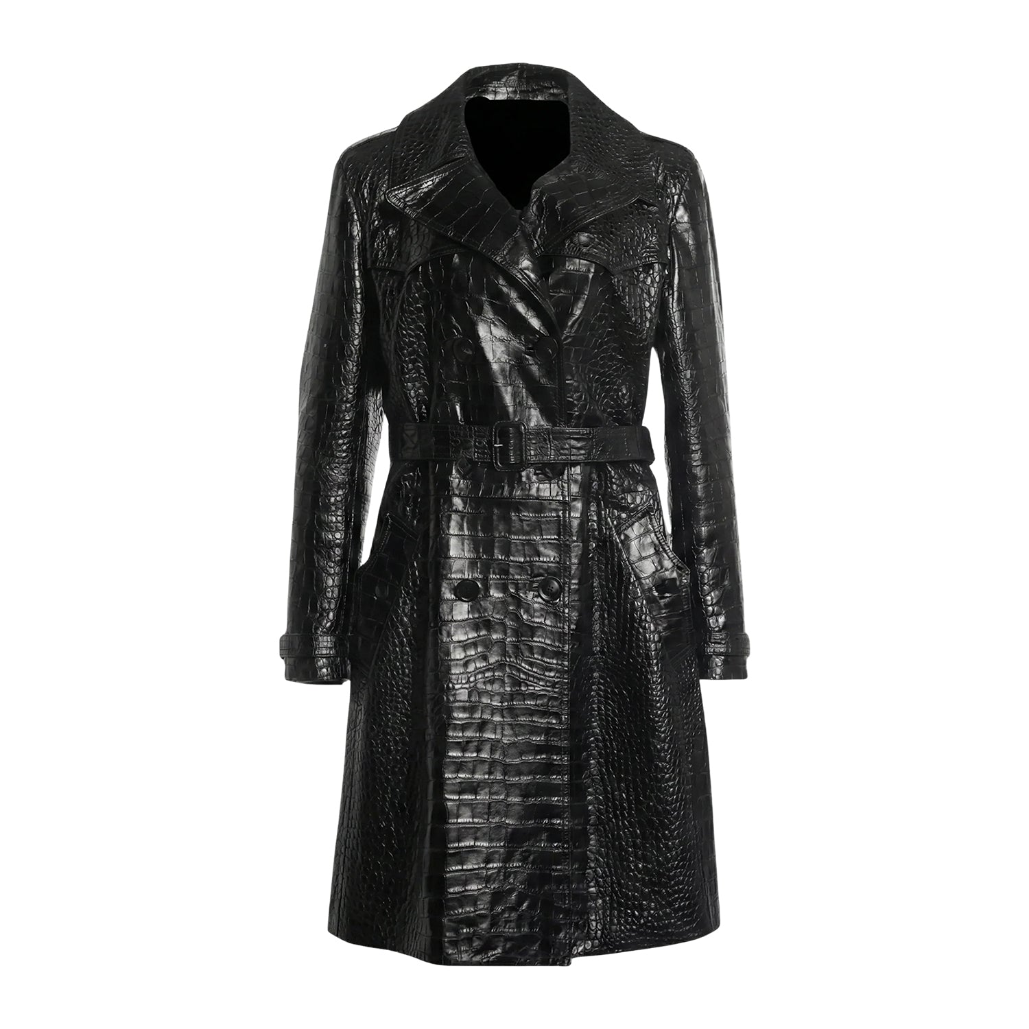 Women's Double Breasted Croc Embossed Black Trench Coat