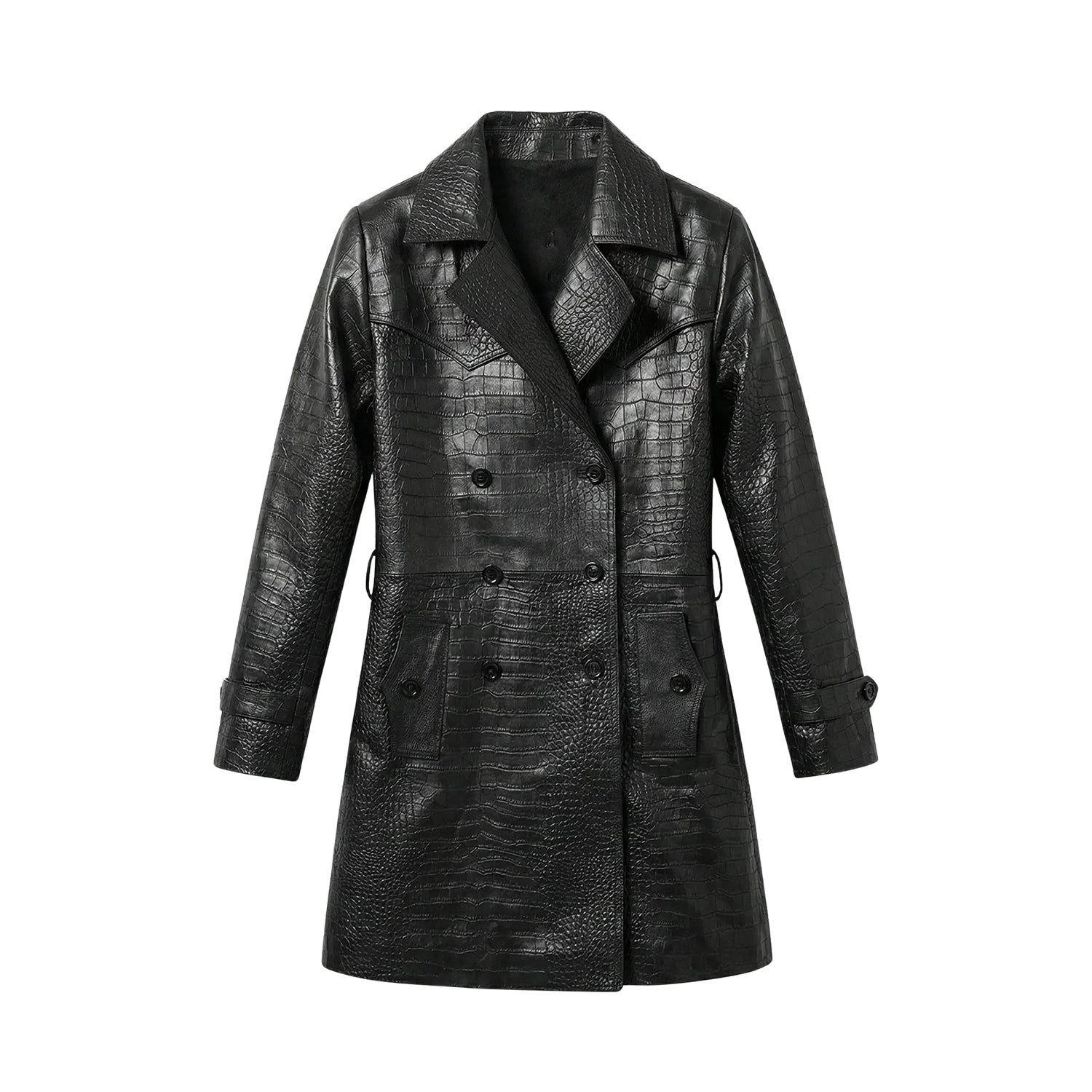 Women's Double Breasted Croco Embossed Black Trench Coat