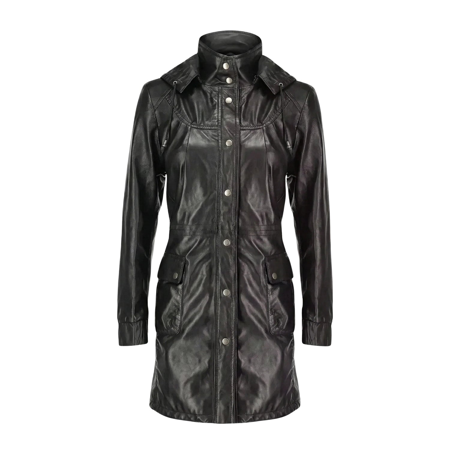 Women's Double Breasted Hoodie Detail Black Trench Coat