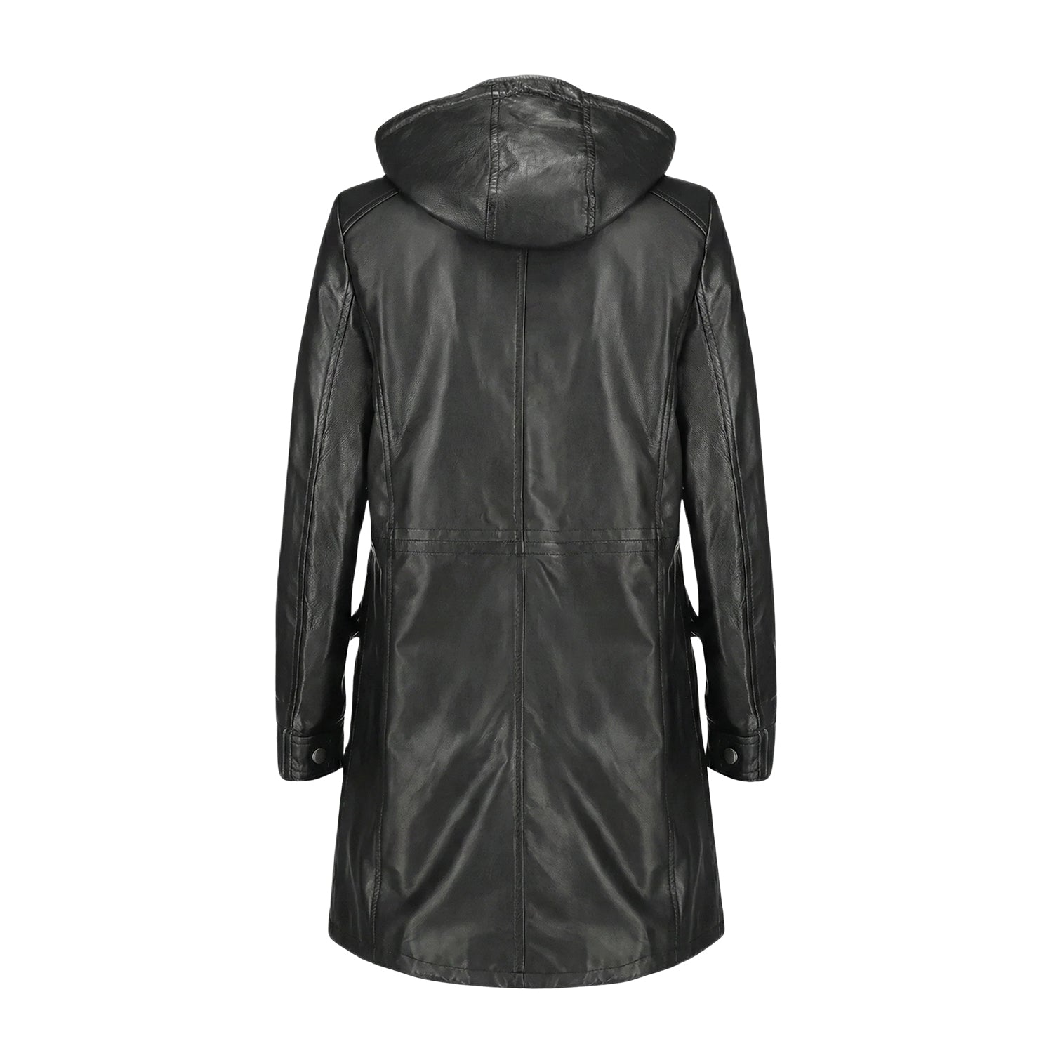 Women's Double Breasted Hoodie Detail Black Trench Coat (Back)