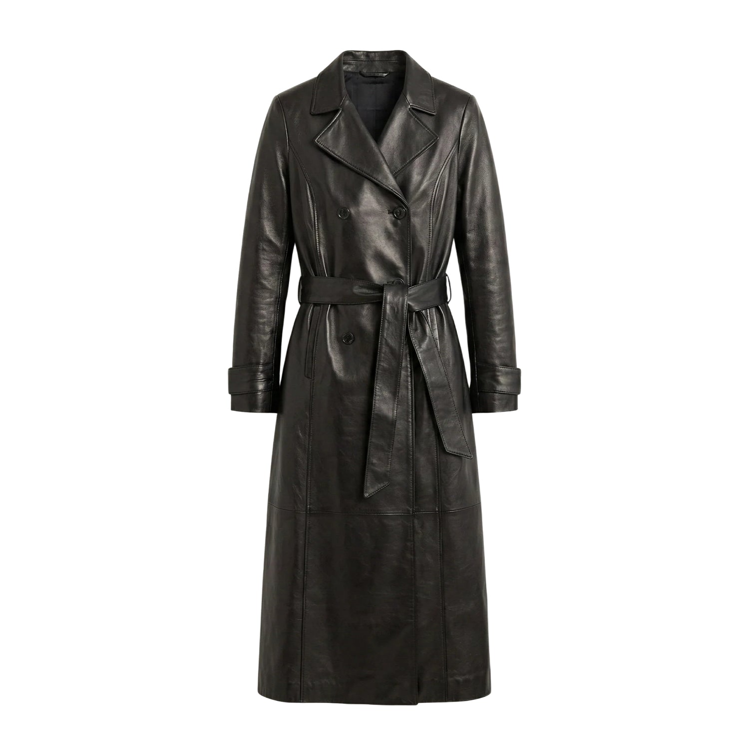 Women's Double Breasted Lambskin Leather Black Trench Coat