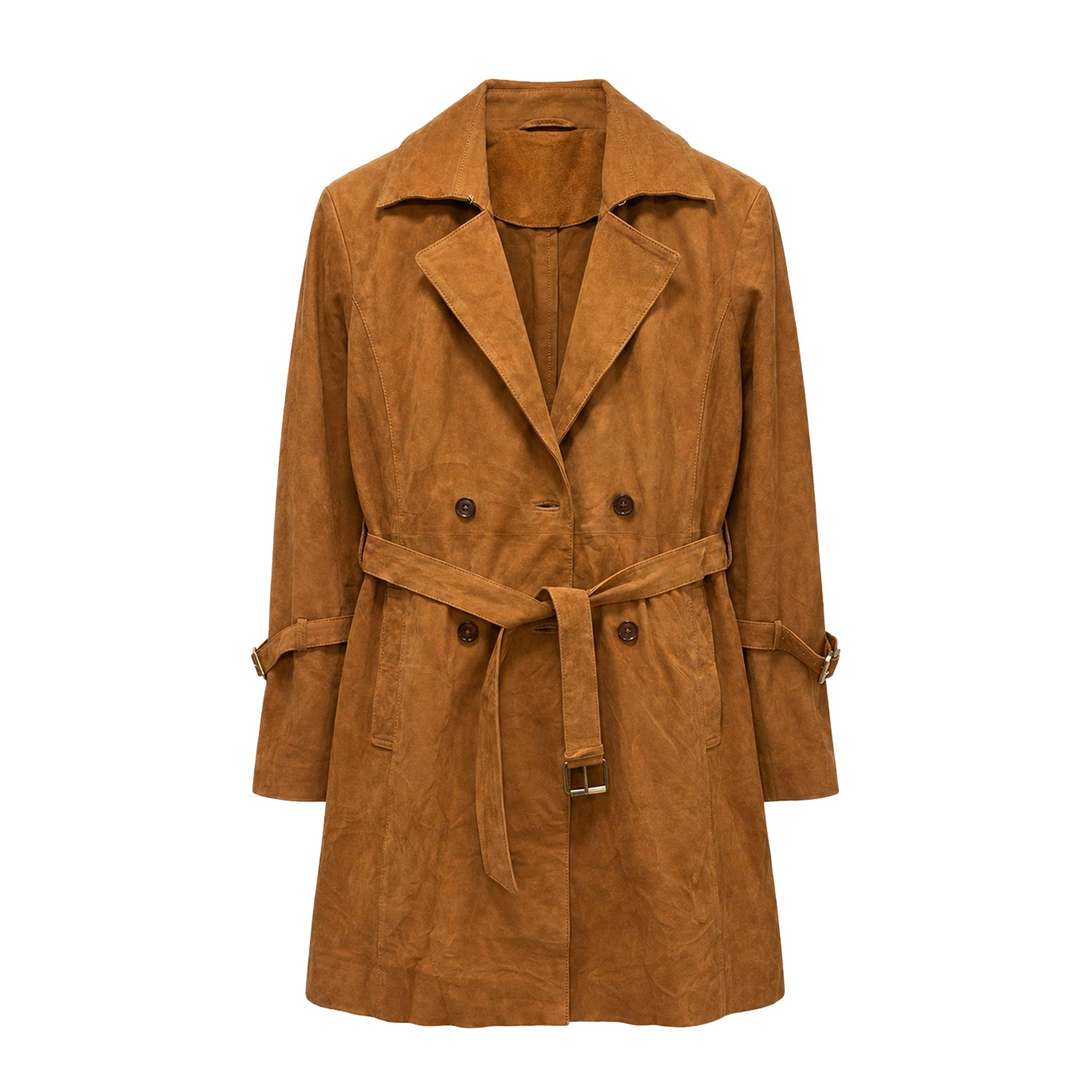 Women's Double Breasted Leather Brown Trench Coat