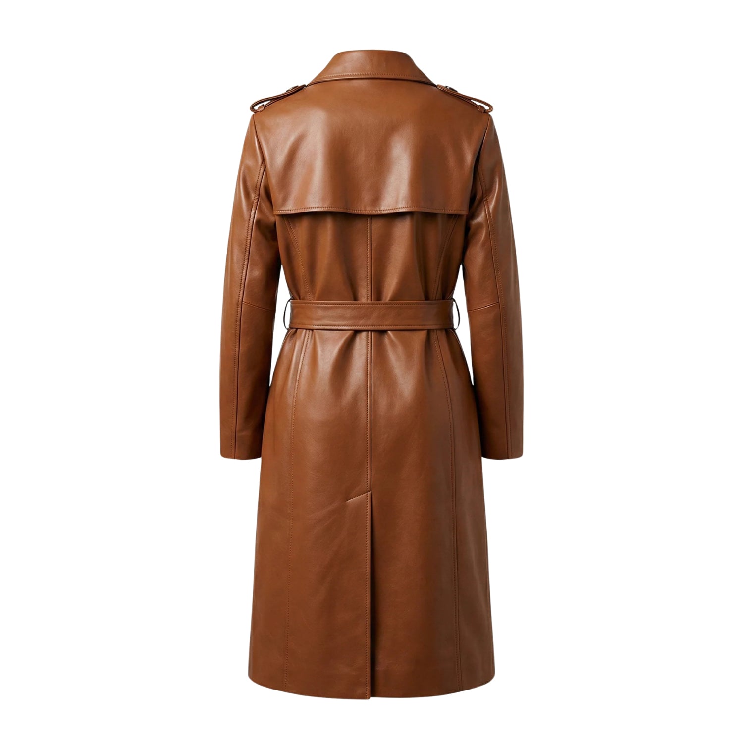 Women's Double Breasted Soft Leather Brown Trench Coat (Back)
