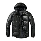 Women's Hooded Lambskin Leather Black Puffer Jacket