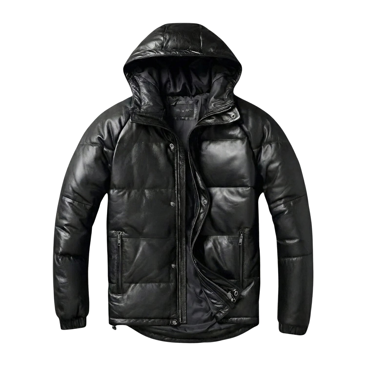 Women's Hooded Lambskin Leather Black Puffer Jacket