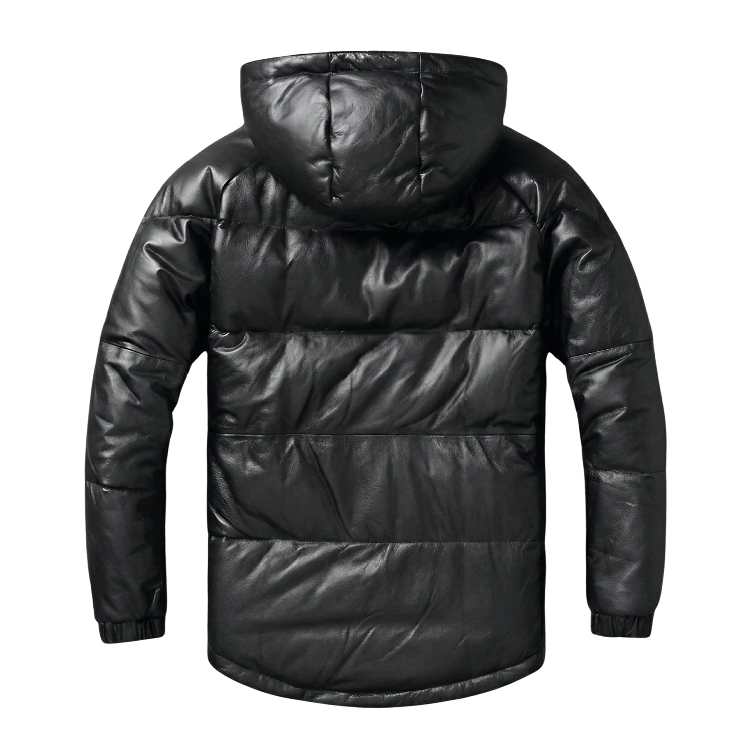 Women's Hooded Lambskin Leather Black Puffer Jacket (Back)