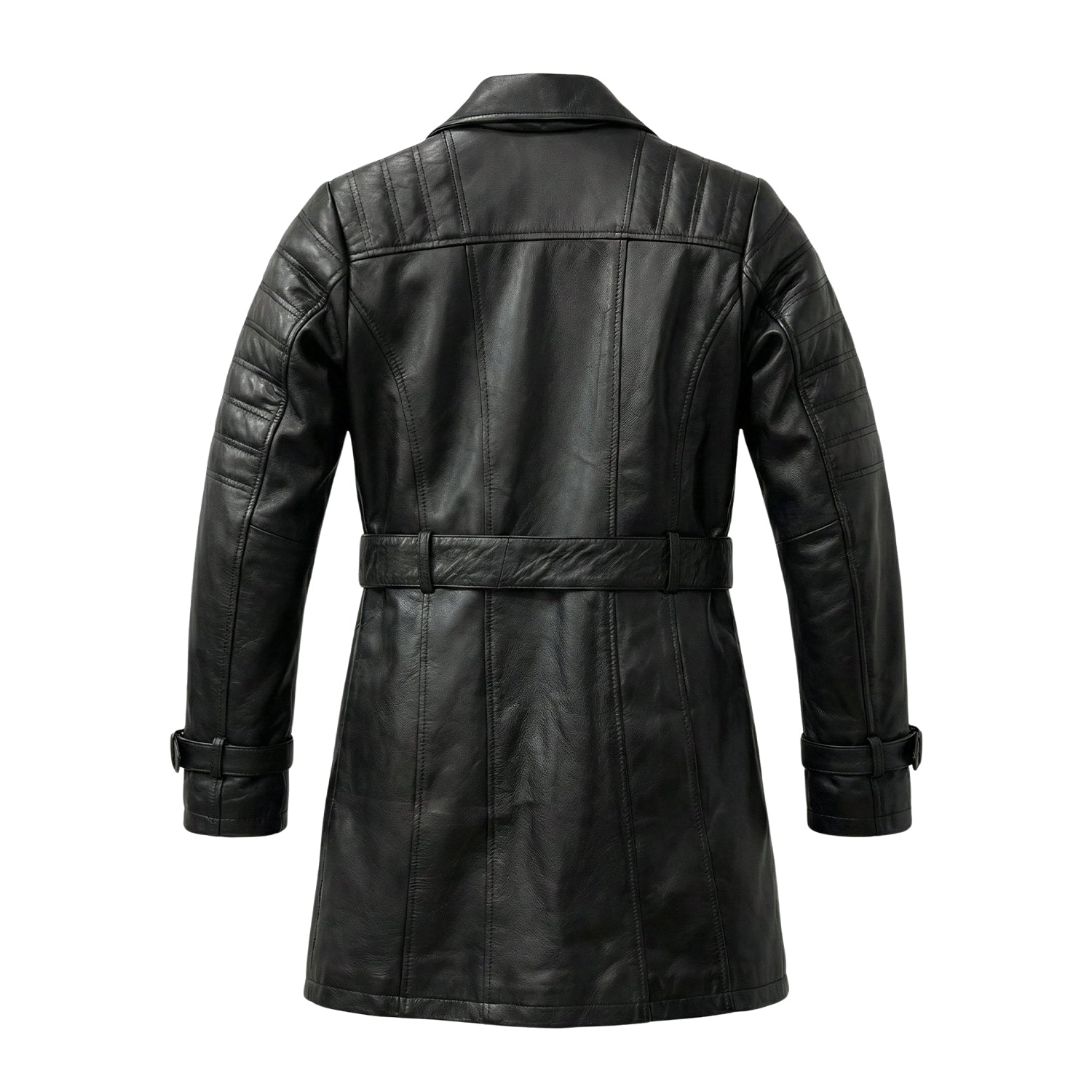 Women's Long Biker Zipper Detail Black Trench Coat (Back)