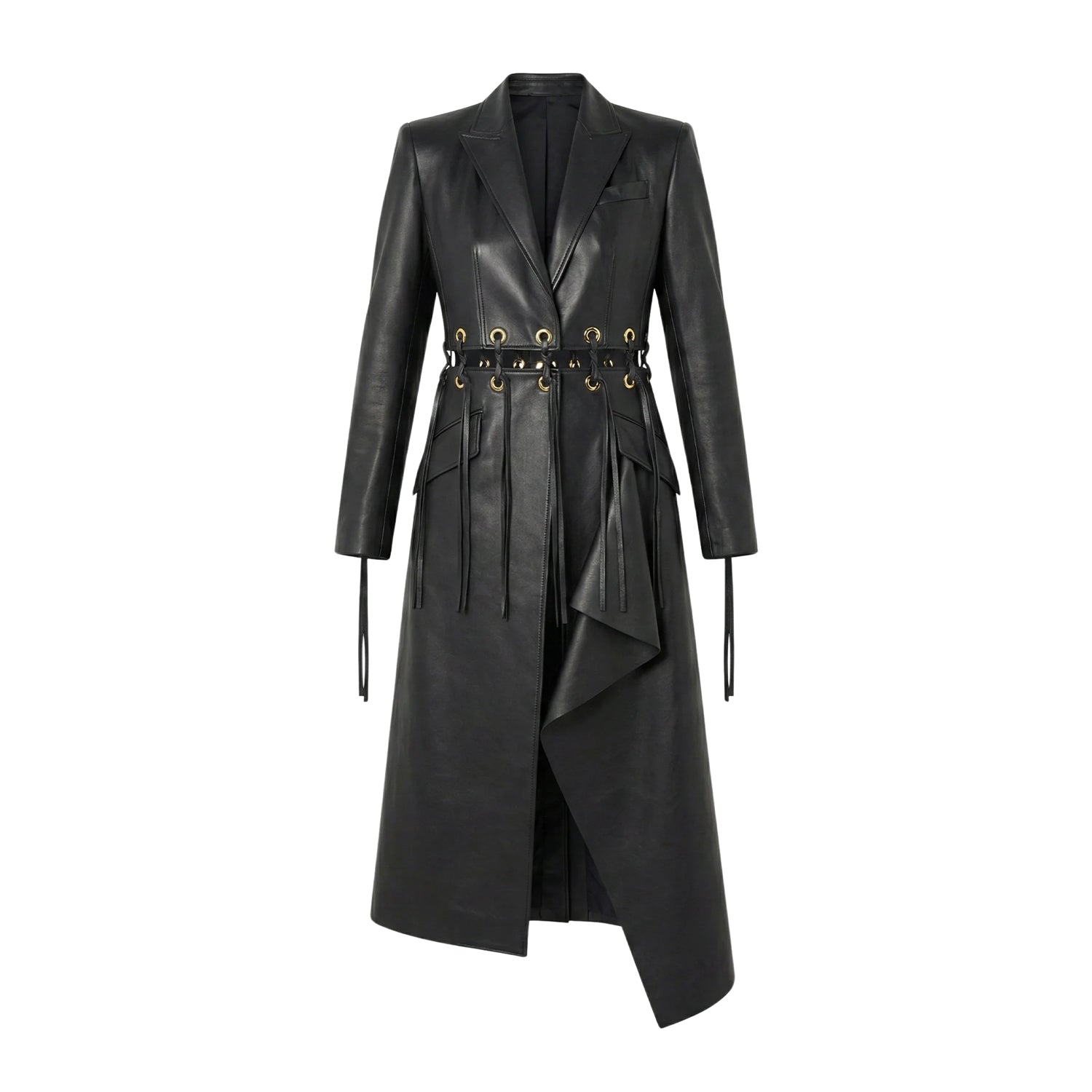 Women's Long Eyelet Embellishments Black Trench Coat