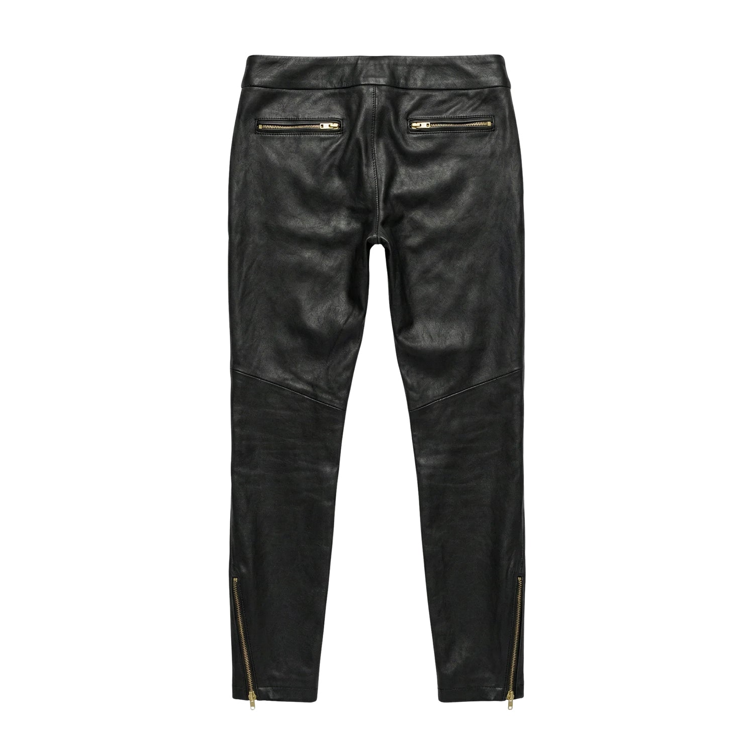 Women’s Mid-Rise Zipper Trim Black Leather Pants (Back)