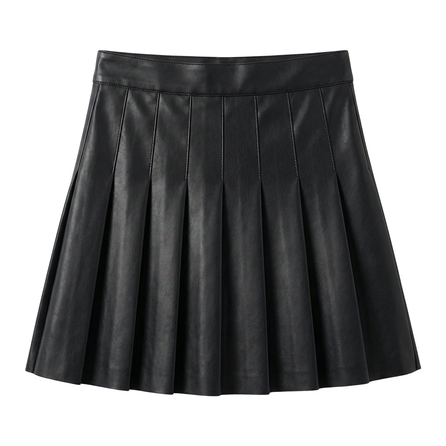 Women's Pleated High Waist Black Mini Leather Skirt