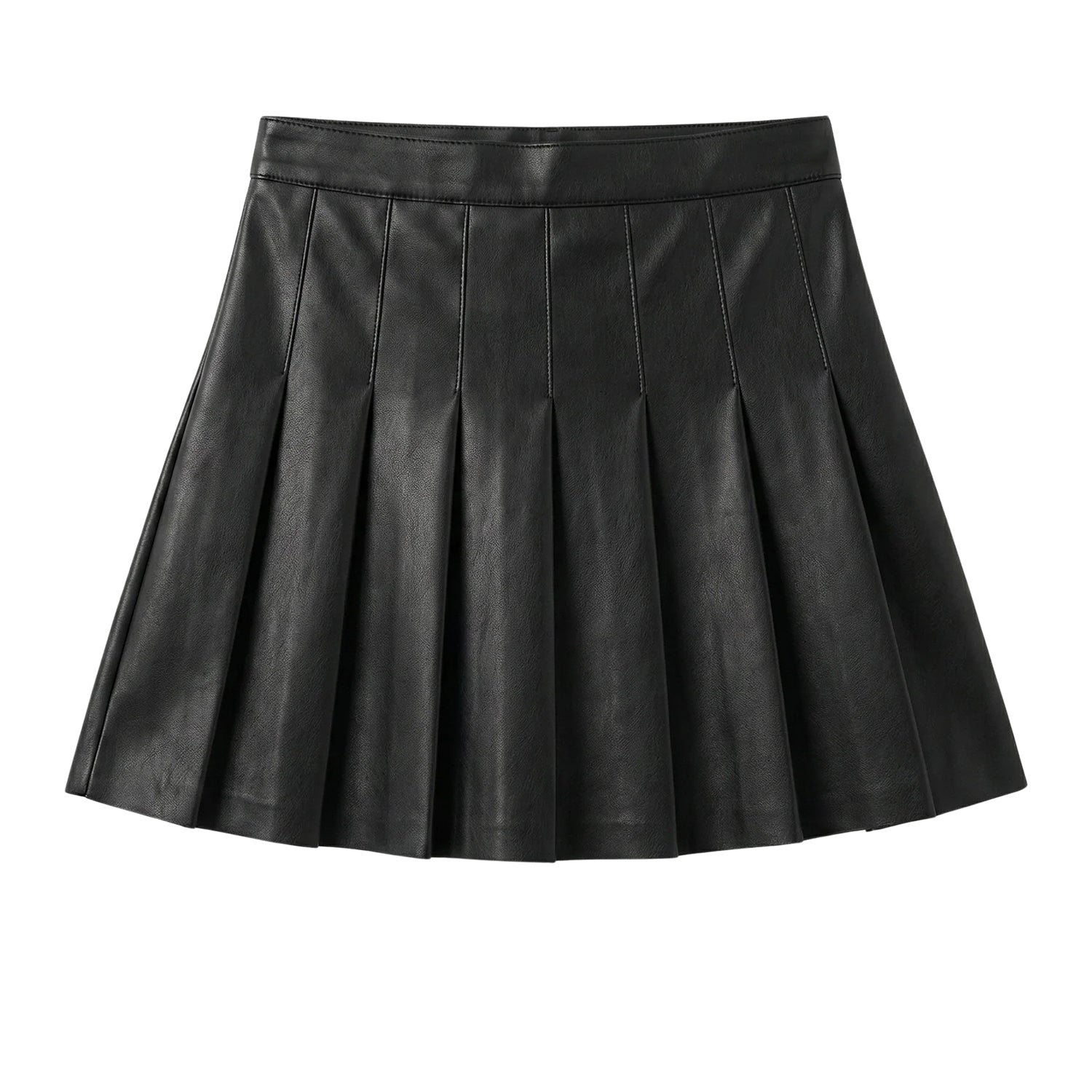 Women's Pleated High Waist Black Mini Leather Skirt (Back)